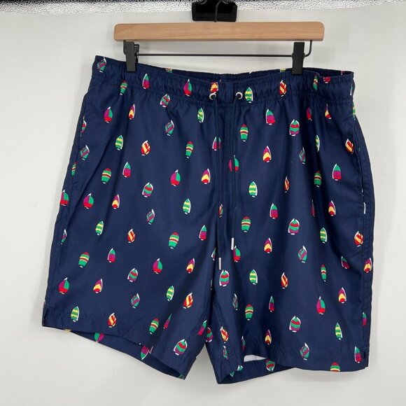 Lands End Swim Trunks Lined Men's size large navy all over sailboat print bathin - Picture 1 of 12